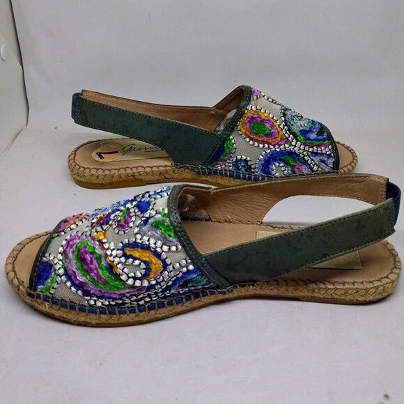 Gaimo Size 7 Open Toe Espadrilles-Embroidered Floral Vamp-Leather Sole & Strap - Picture 3 of 9